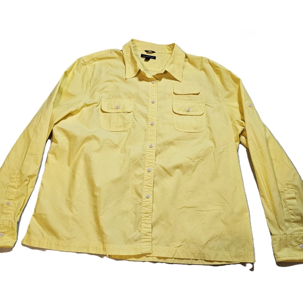 Lands End Womens Button Up Roll Tab Sleeve Shirt XL Yellow Casual Work 1-01268